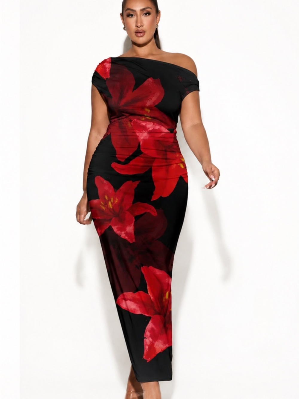 SHEIN Black One-Shoulder Maxi Dress with Red Floral Print